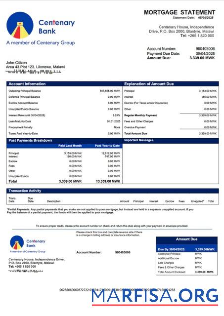 Realistic Malawi Centenary Bank Malawi mortgage statement Word and PDF template